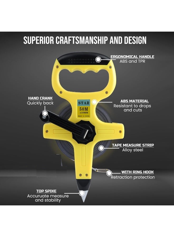 Star 50m Steel Measuring Tape Hand Crank Survey Tape 10mm Wide Alloy Steel Dual Scale Metric SAE Long Distance Measuring Tape ABS Ergonomic Handle Ground Spike Ring Hook for Construction Engineering Road Survey Farm Land Measurement Tool Outdoor Use - Image 3